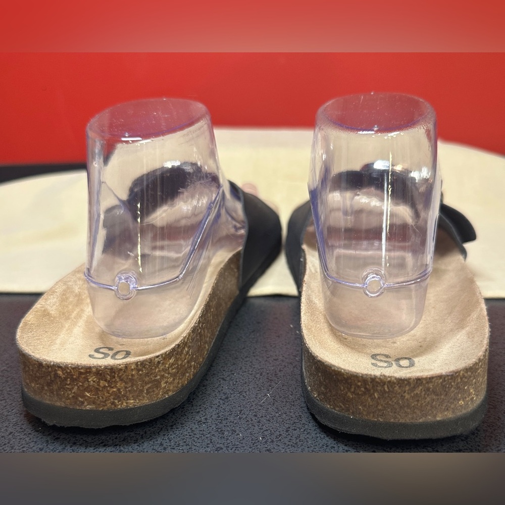 SO Brand Slip On Cork Bed Sandals Black Faux Suede Adj Buckle Women’s Size Large - Picture 4 of 13